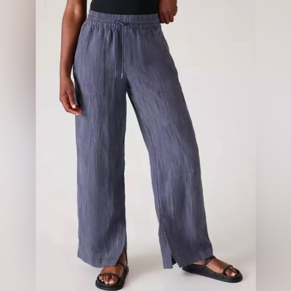 Athleta Cabo Linen Texture Wide Leg Pants, Navy Blue, Women’s sz med